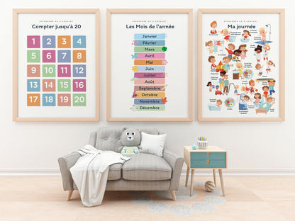 Affiche Apprendre à Compter jusqu'à 20 - 1 2 3 4 pour chambre enfant école maternelle primaire - poster enfant garçon et fille apprentissage - Imagine.affiche