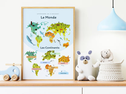 Affiche Le monde et les continents - Europe Amérique - enfant école maternelle primaire - poster enfant garçon et fille apprentissage - Imagine.affiche