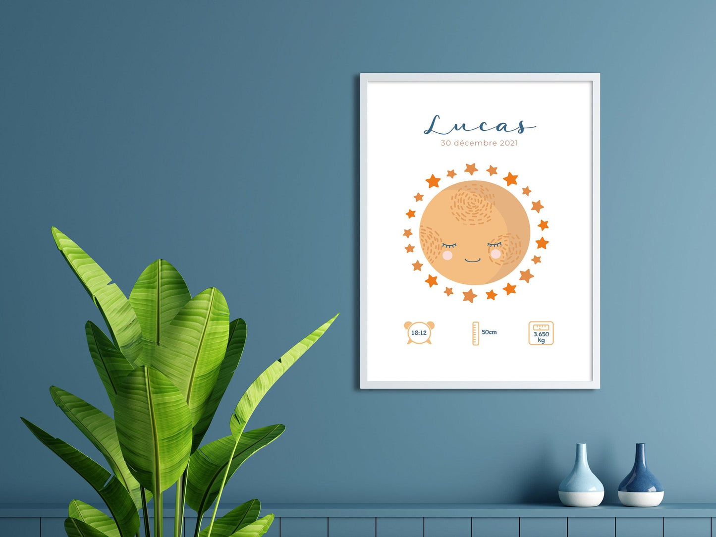 Affiche de naissance personnalisée "Lune" idée cadeau souvenir avec Prénom poids taille et heure en Décoration chambre enfants bébé - Imagine.affiche
