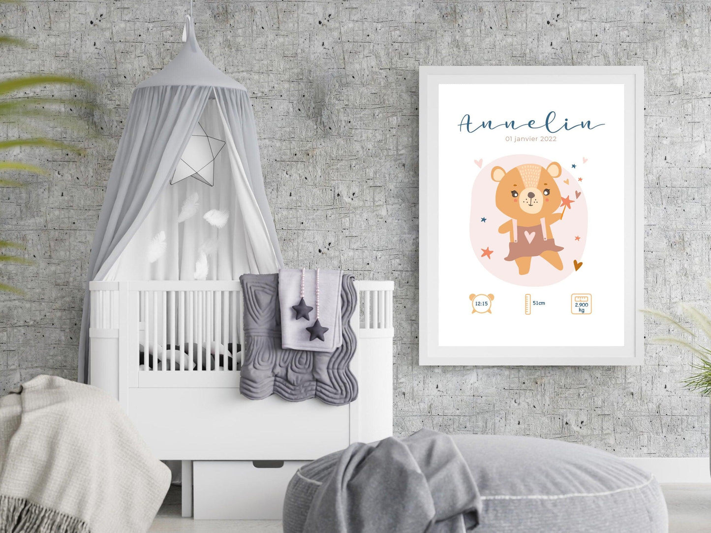 Affiche de naissance personnalisée "Ourson" idée cadeau souvenir avec Prénom poids taille et heure en Décoration chambre enfants bébé - Imagine.affiche