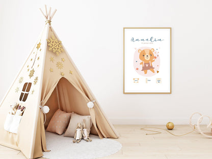 Affiche de naissance personnalisée "Ourson" idée cadeau souvenir avec Prénom poids taille et heure en Décoration chambre enfants bébé - Imagine.affiche