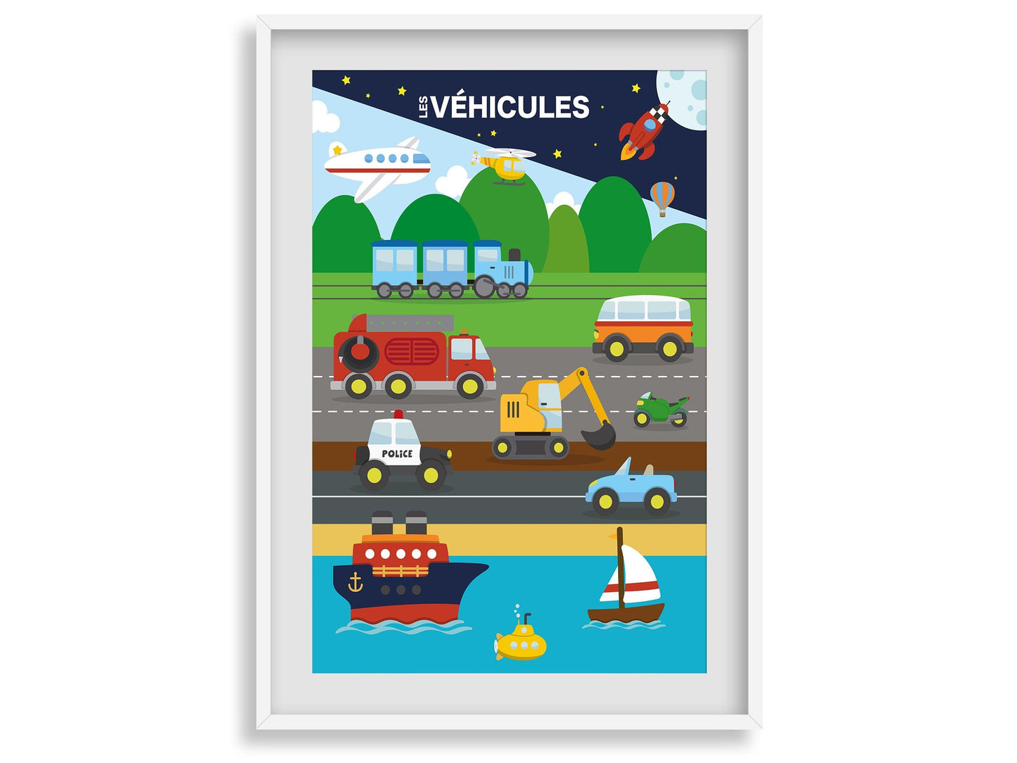 Affiche Les véhicules voiture camion bateau avion train moto fusée - école maternelle primaire - poster chambre enfant garçon apprentissage - Imagine.affiche