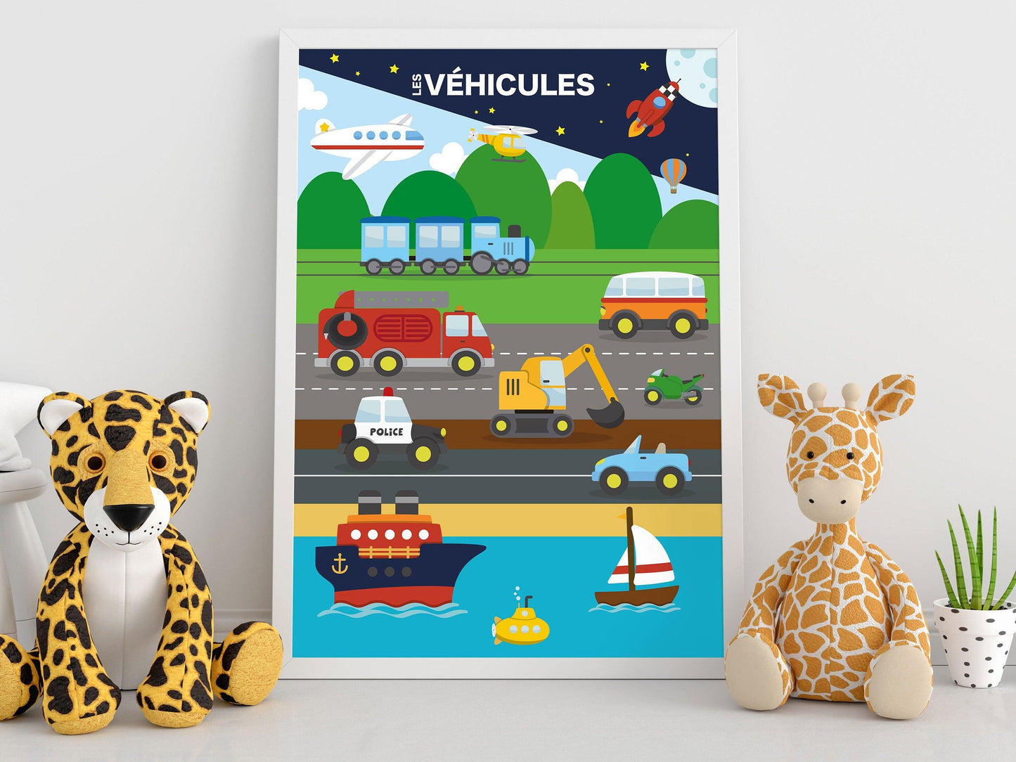 Affiche Les véhicules voiture camion bateau avion train moto fusée - école maternelle primaire - poster chambre enfant garçon apprentissage - Imagine.affiche