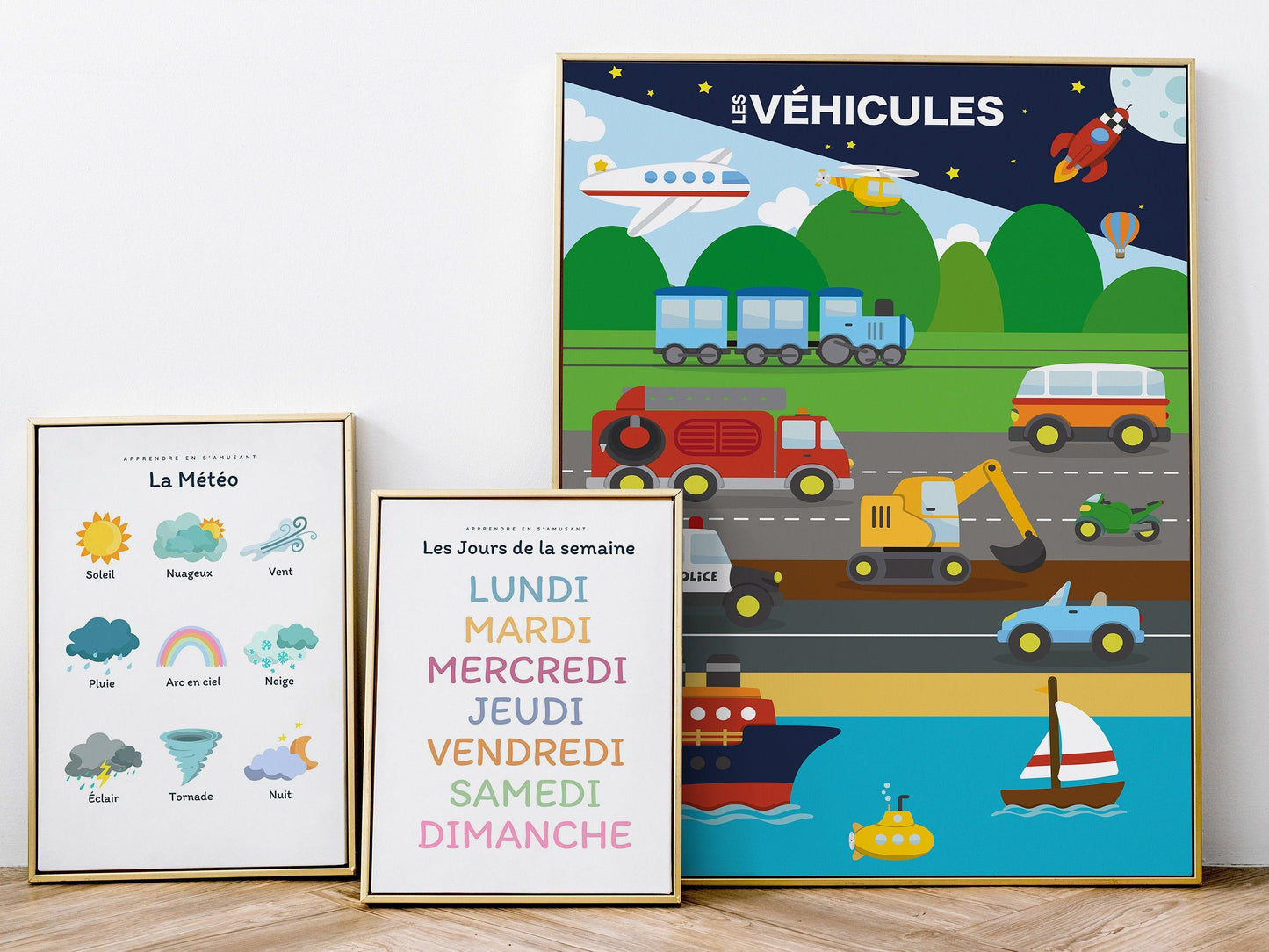 Affiche Les véhicules voiture camion bateau avion train moto fusée - école maternelle primaire - poster chambre enfant garçon apprentissage - Imagine.affiche