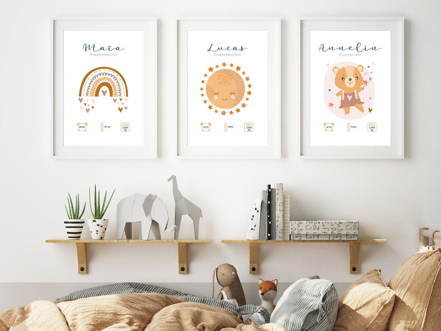 Affiche de naissance personnalisée "Lune" idée cadeau souvenir avec Prénom poids taille et heure en Décoration chambre enfants bébé - Imagine.affiche