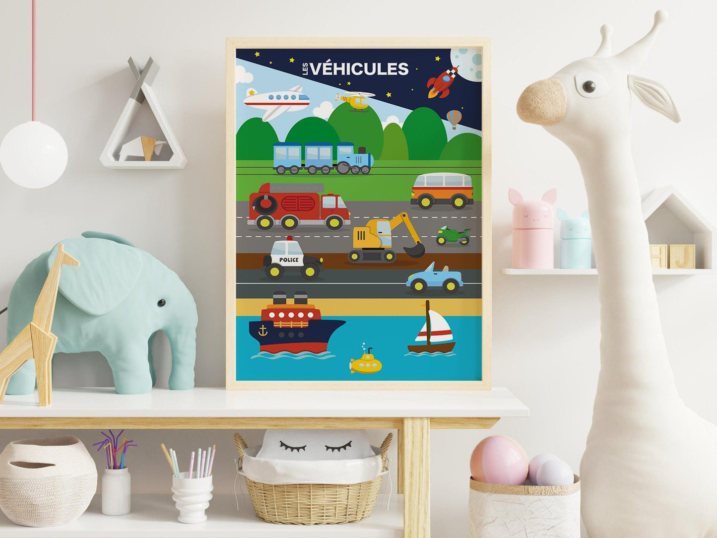 Affiche Les véhicules voiture camion bateau avion train moto fusée - école maternelle primaire - poster chambre enfant garçon apprentissage - Imagine.affiche