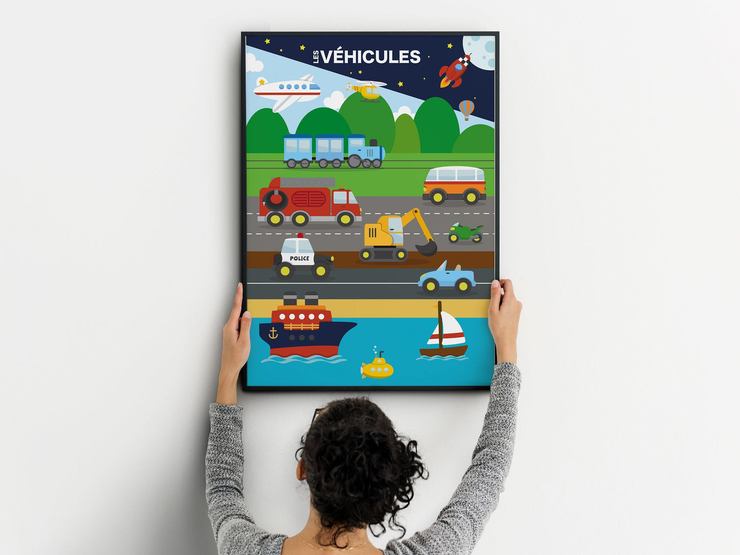 Affiche Les véhicules voiture camion bateau avion train moto fusée - école maternelle primaire - poster chambre enfant garçon apprentissage - Imagine.affiche