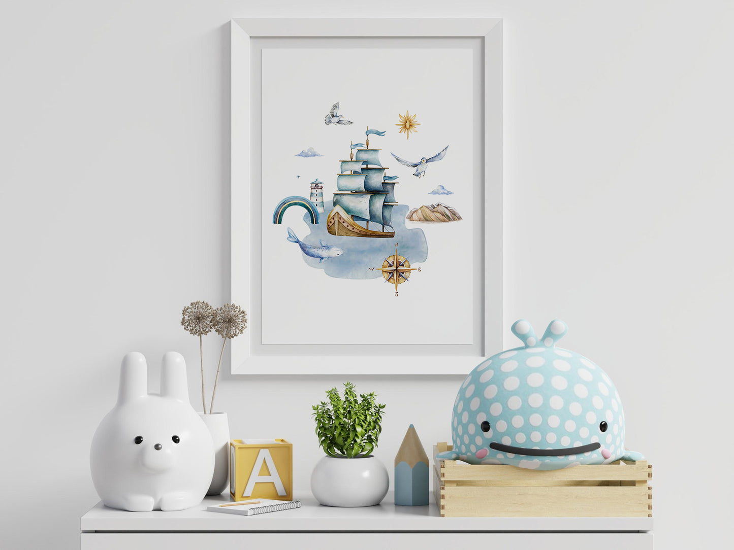 Affiches marin style aquarelle phare baleine arc en ciel poissons