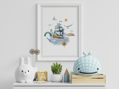Watercolor style lighthouse whale rainbow fish marine poster