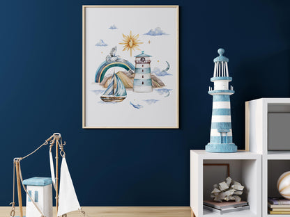 Watercolor style lighthouse whale rainbow fish marine poster