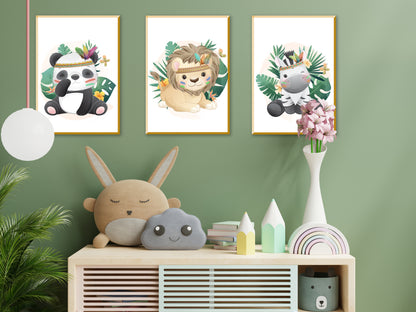 Affiches lion zèbre et panda mignon dans la jungle