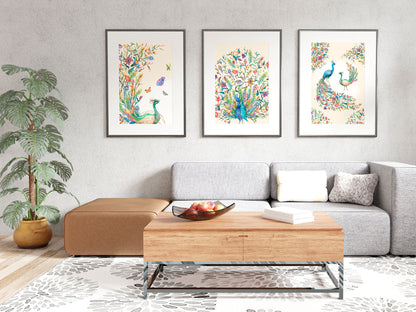 3 watercolor style Peacock posters