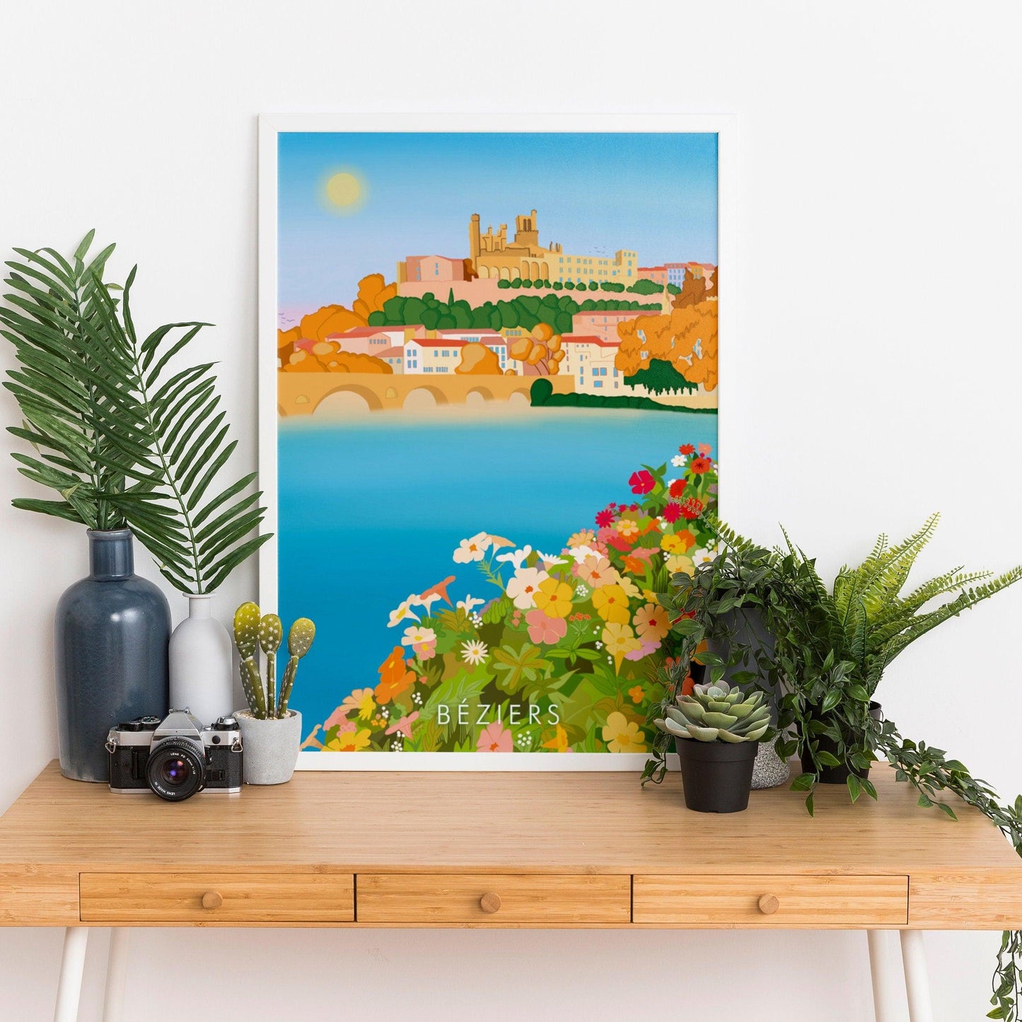 Affiche Béziers ville sud France ruelles colorées ambiance estivale