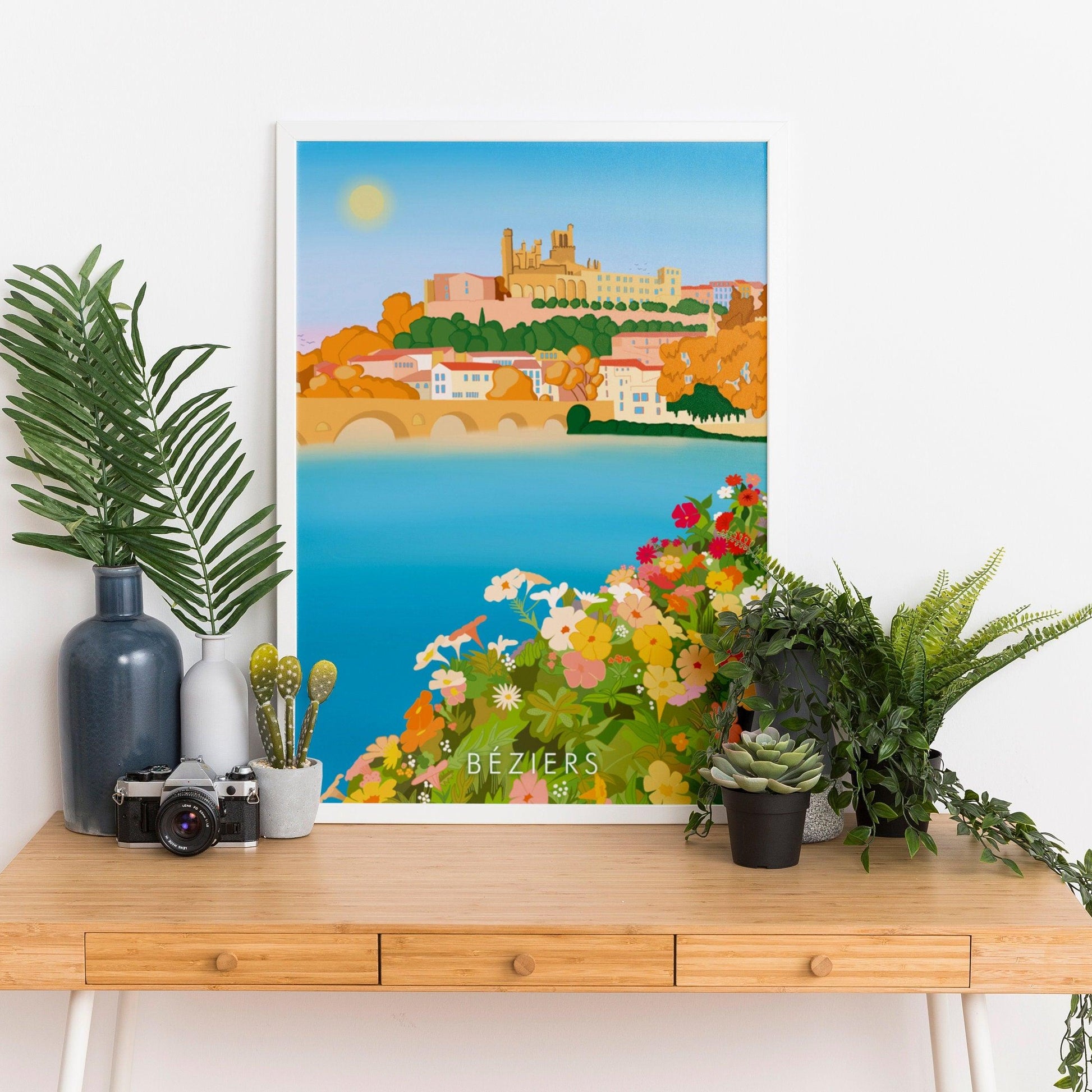 Affiche Béziers ville sud France ruelles colorées ambiance estivale