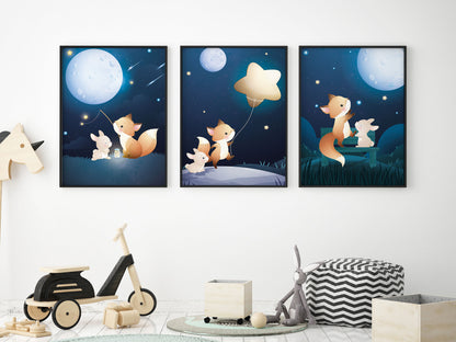 Fox and Rabbit dream illustration posters - baby children's room - Children's decoration - Gift idea - Animal theme - A4 or A3 format
