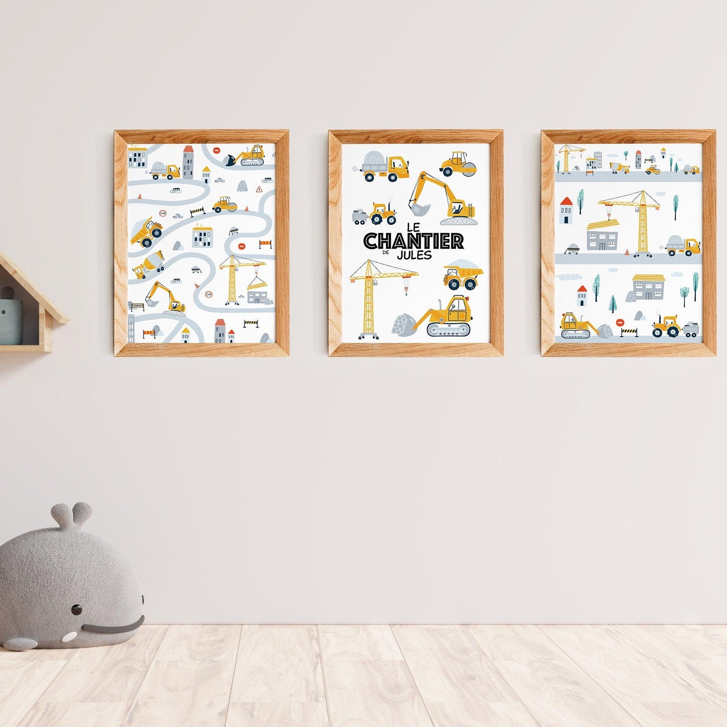 Décoration chambre garçon affiches chantier - lot personnalisé avec prénom enfant