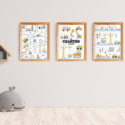 Décoration chambre garçon affiches chantier - lot personnalisé avec prénom enfant